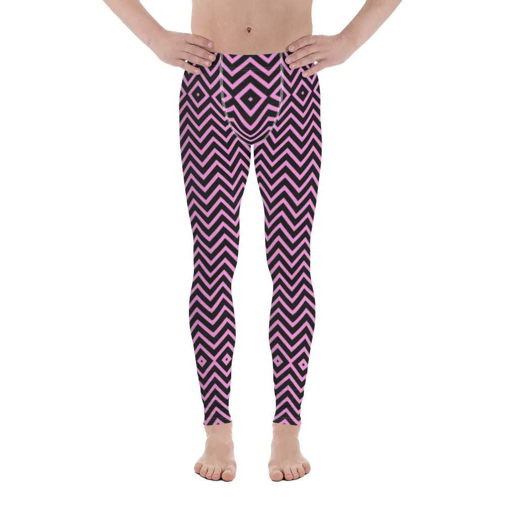 Pink Black Chevron Men's Leggings, Retro Style Meggings Compression Tights For Men - Made in USA/EU/MX