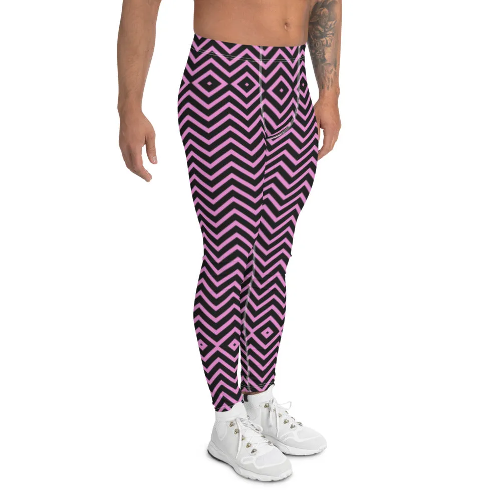 Pink Black Chevron Men's Leggings, Retro Style Meggings Compression Tights For Men - Made in USA/EU/MX