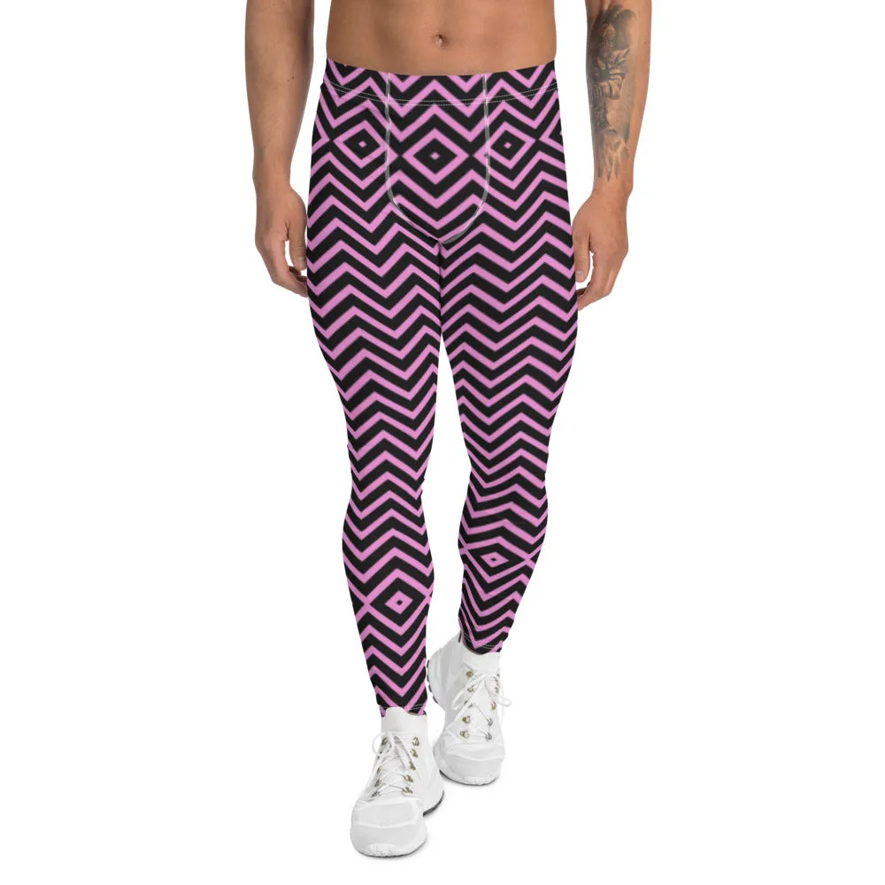 Pink Black Chevron Men's Leggings, Retro Style Meggings Compression Tights For Men - Made in USA/EU/MX