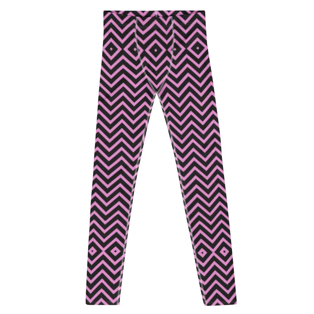 Pink Black Chevron Men's Leggings, Retro Style Meggings Compression Tights For Men - Made in USA/EU/MX