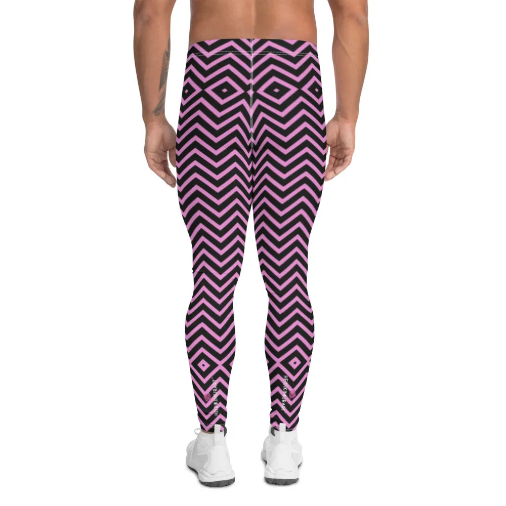 Pink Black Chevron Men's Leggings, Retro Style Meggings Compression Tights For Men - Made in USA/EU/MX