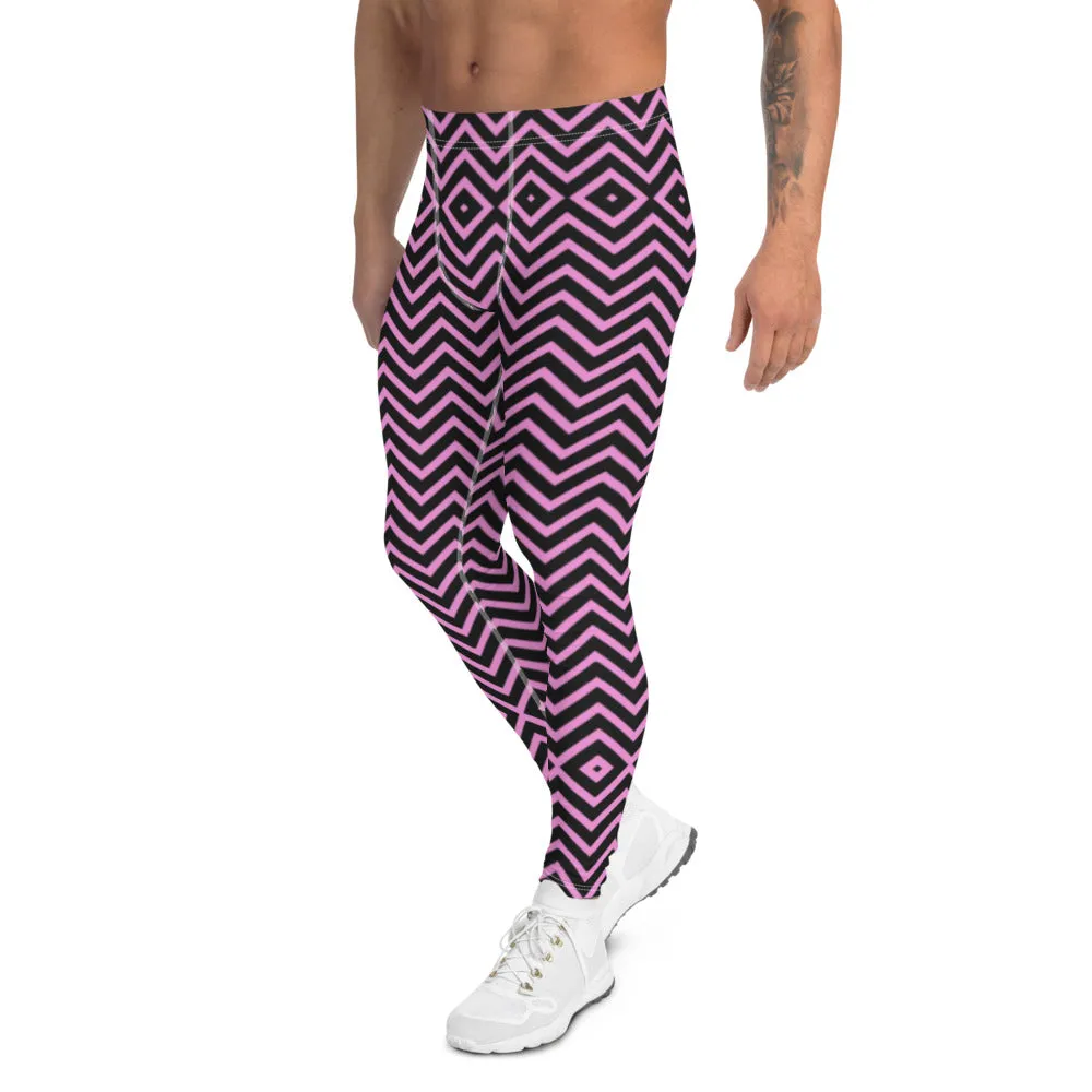 Pink Black Chevron Men's Leggings, Retro Style Meggings Compression Tights For Men - Made in USA/EU/MX