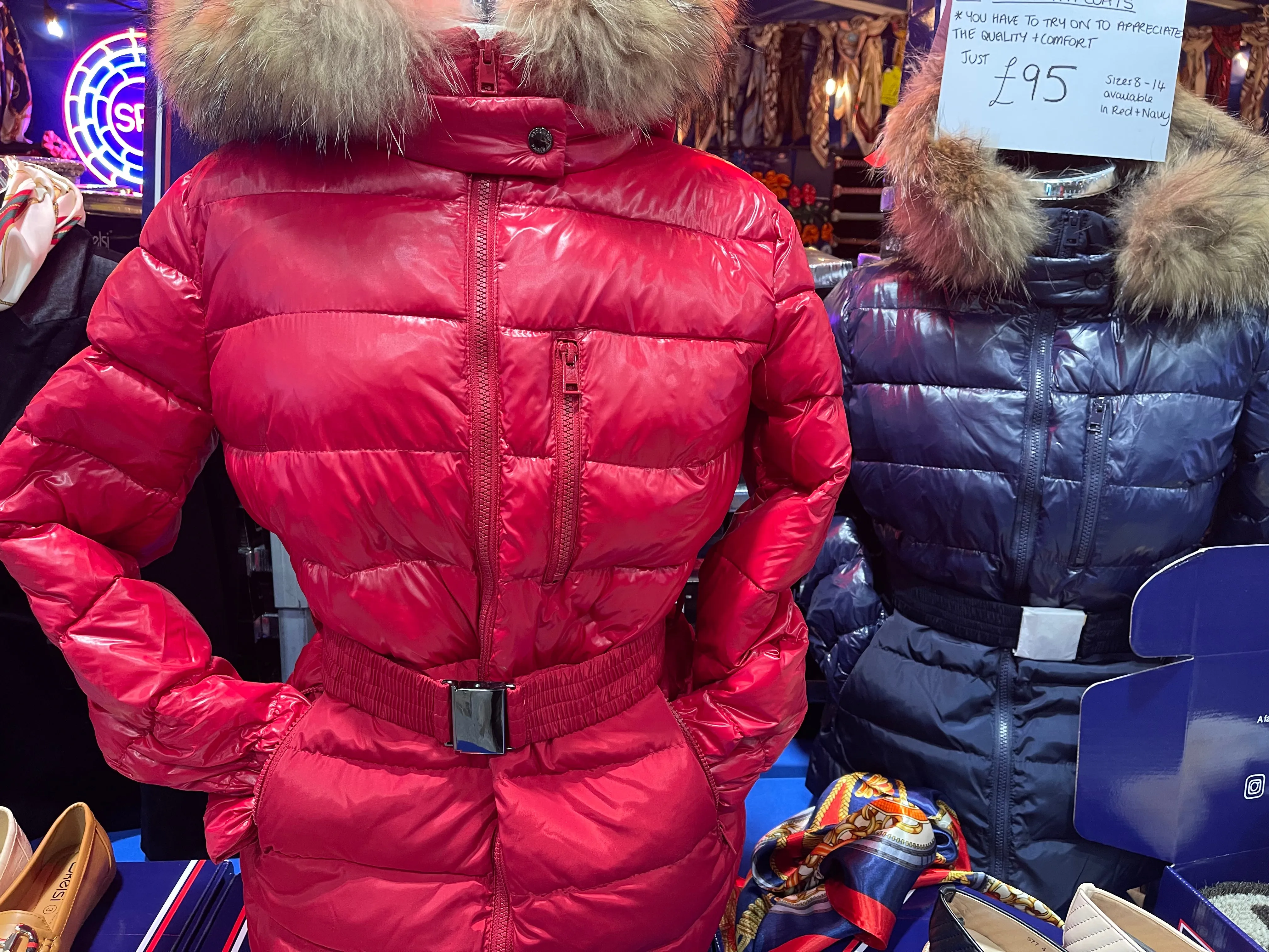 Puffer Coat with Fur trim Hood - Red & Navy