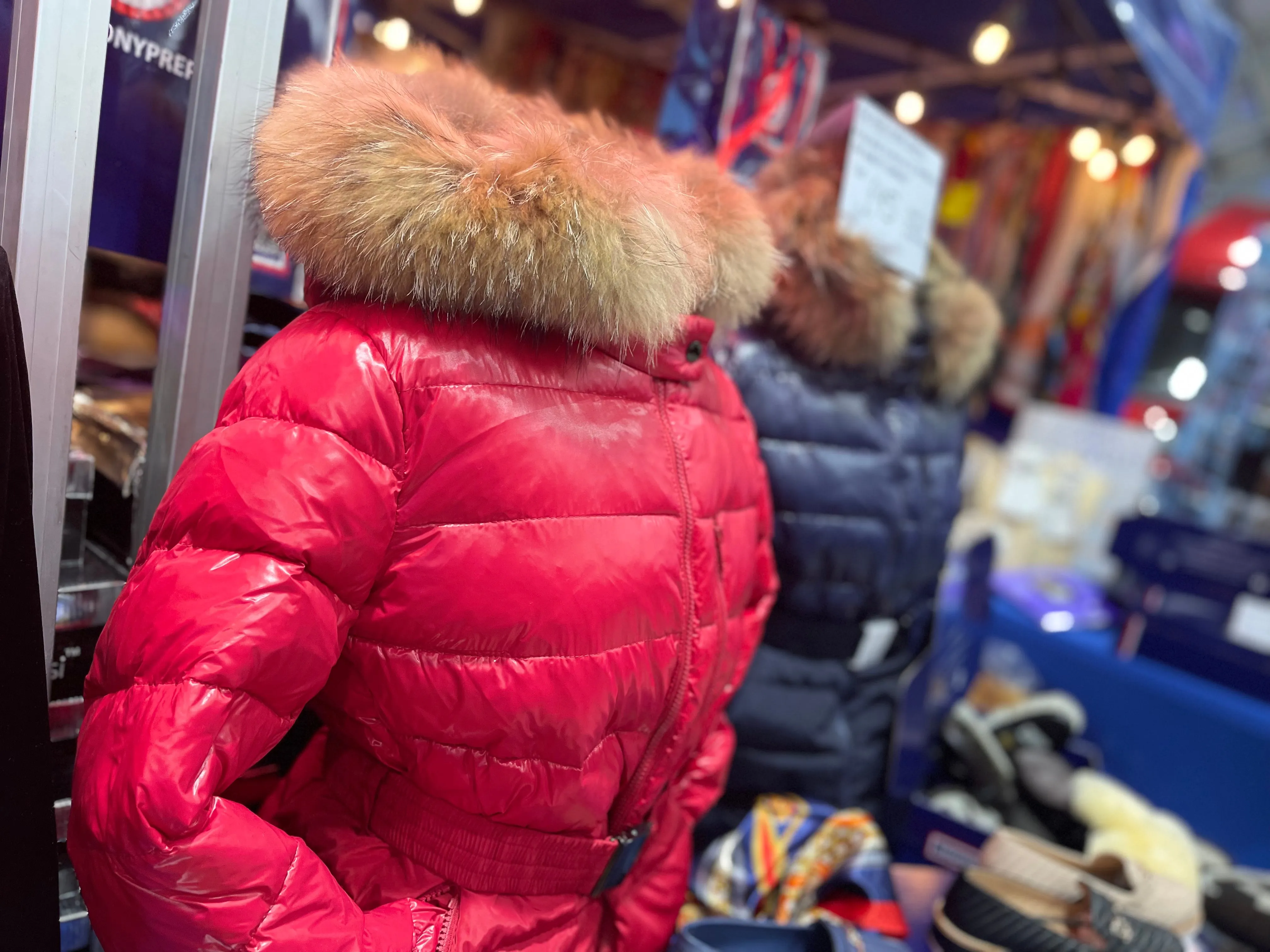 Puffer Coat with Fur trim Hood - Red & Navy