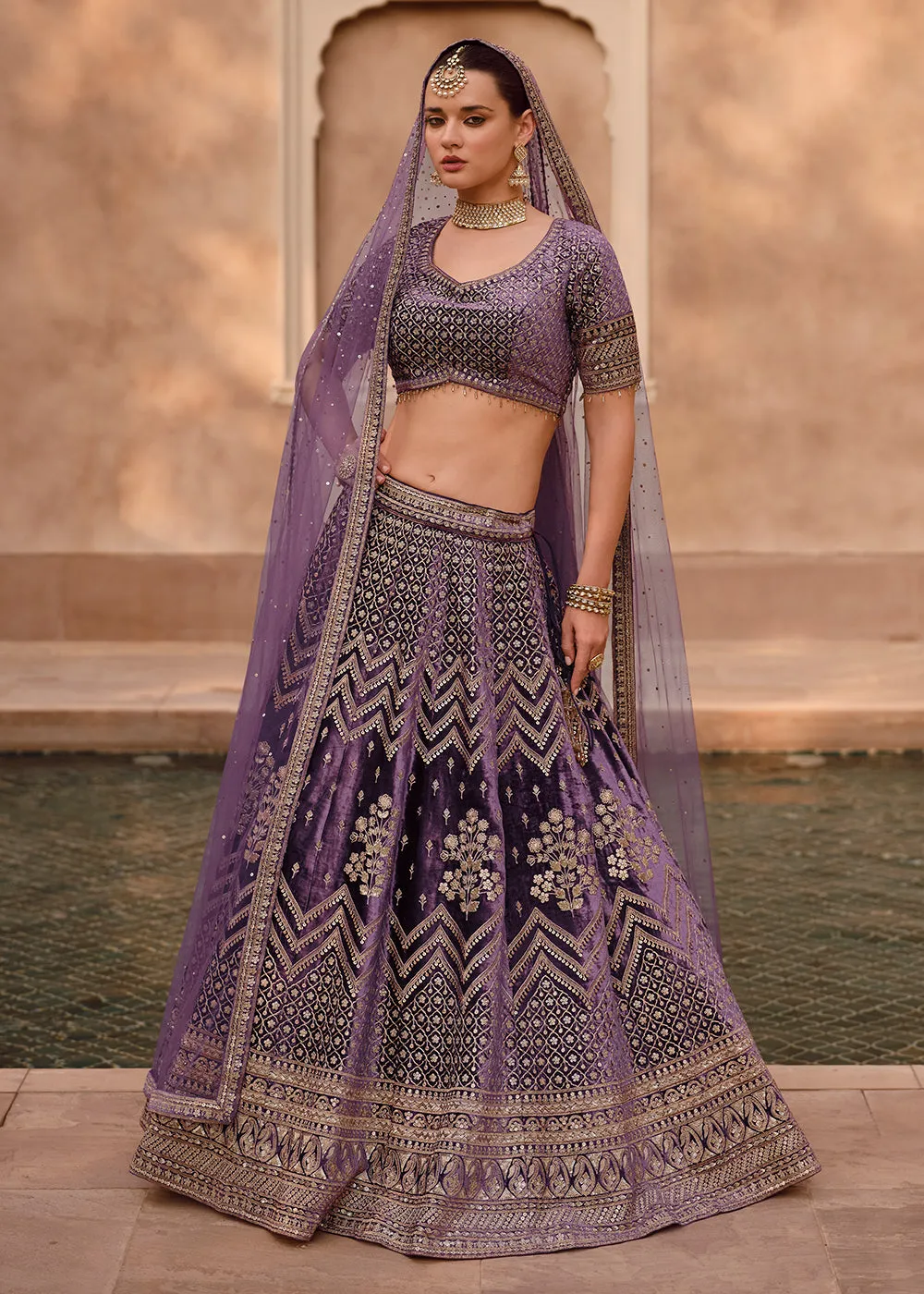 Purple Pure Viscose Lycra Silk Embroidered Bridal Lehenga Choli