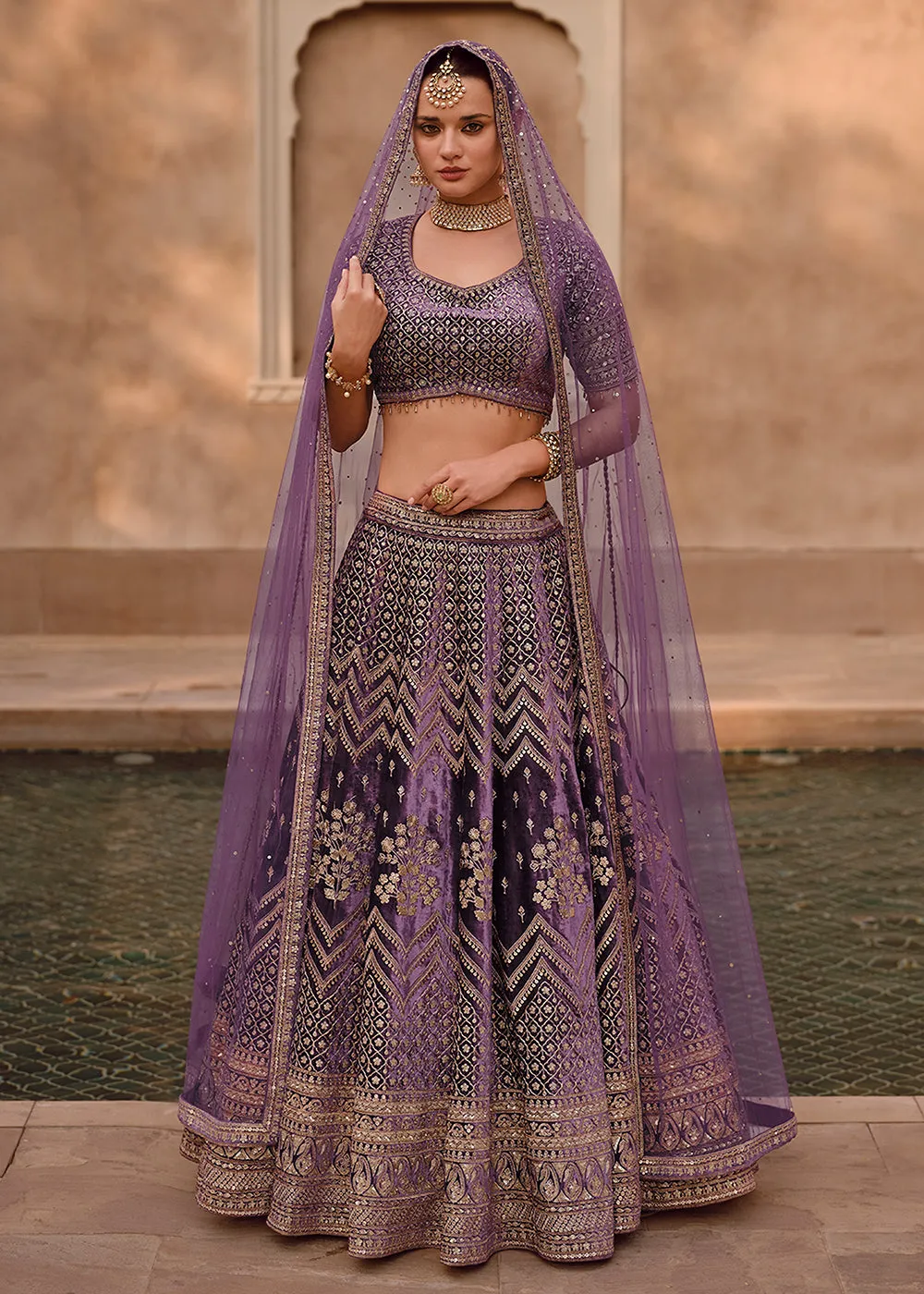 Purple Pure Viscose Lycra Silk Embroidered Bridal Lehenga Choli