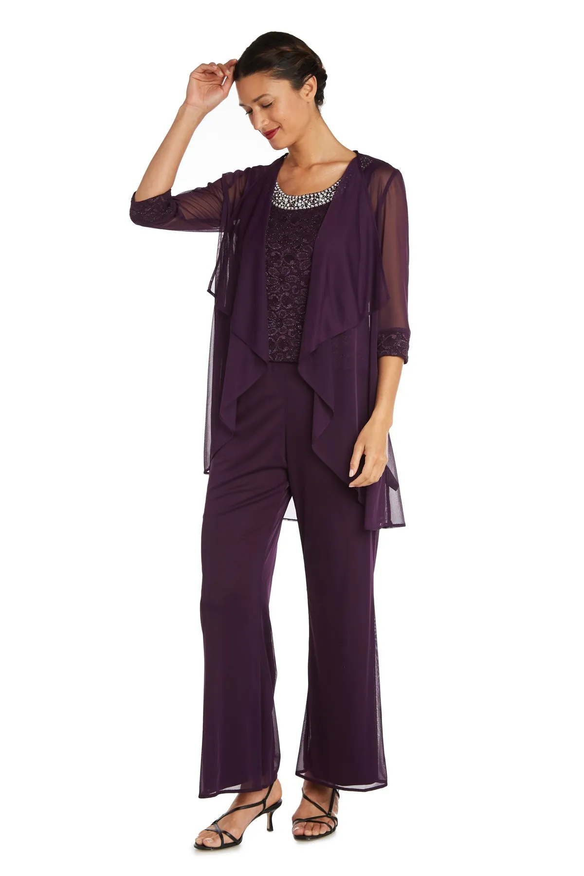 R&M Richards Women's Beaded Neck 3 Piece Long Pant Set