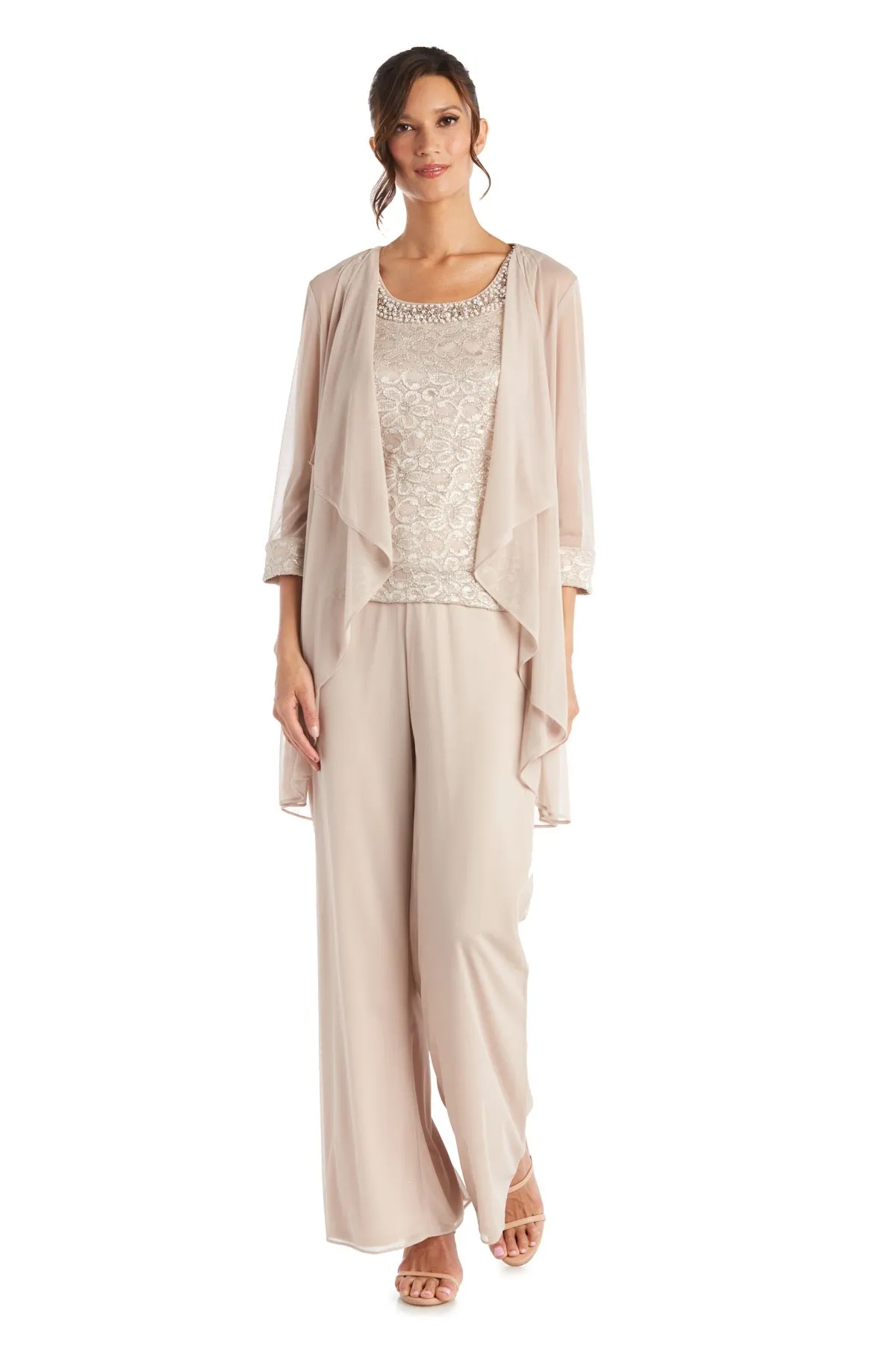 R&M Richards Women's Beaded Neck 3 Piece Long Pant Set