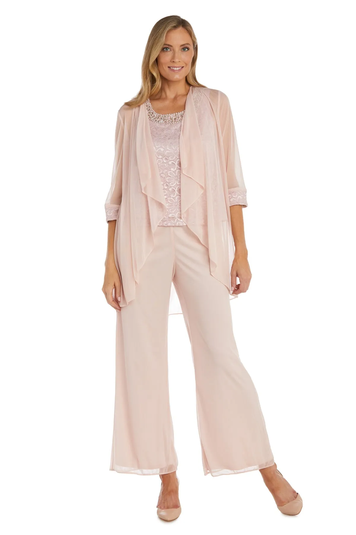 R&M Richards Women's Beaded Neck 3 Piece Long Pant Set