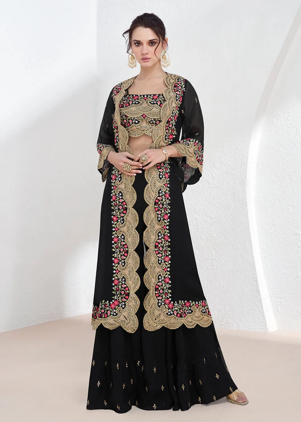 Real Georgette Black Embroidered Indo Western Lehenga Suit