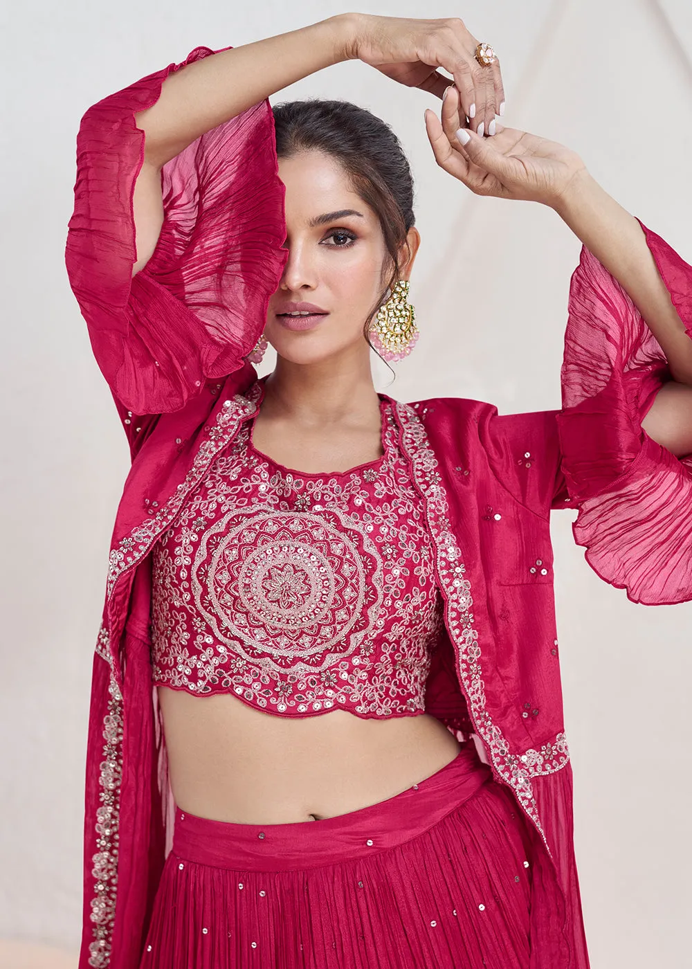 Real Georgette Pink Embroidered Indo Western Lehenga Suit