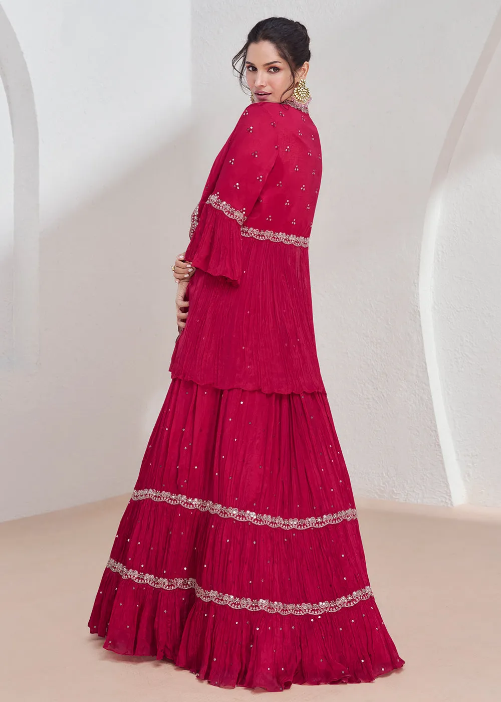 Real Georgette Pink Embroidered Indo Western Lehenga Suit