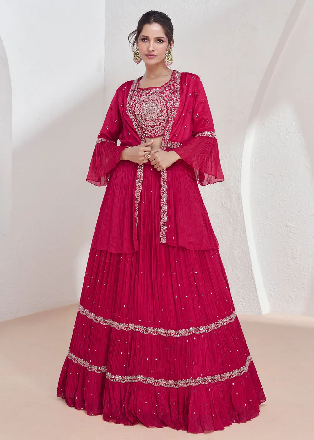 Real Georgette Pink Embroidered Indo Western Lehenga Suit