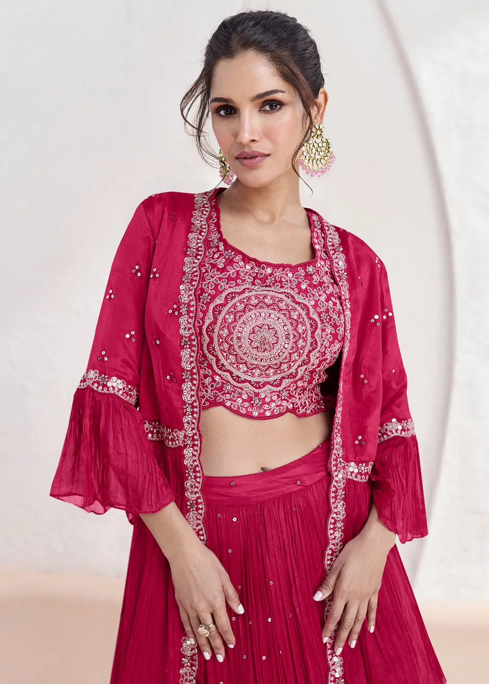 Real Georgette Pink Embroidered Indo Western Lehenga Suit