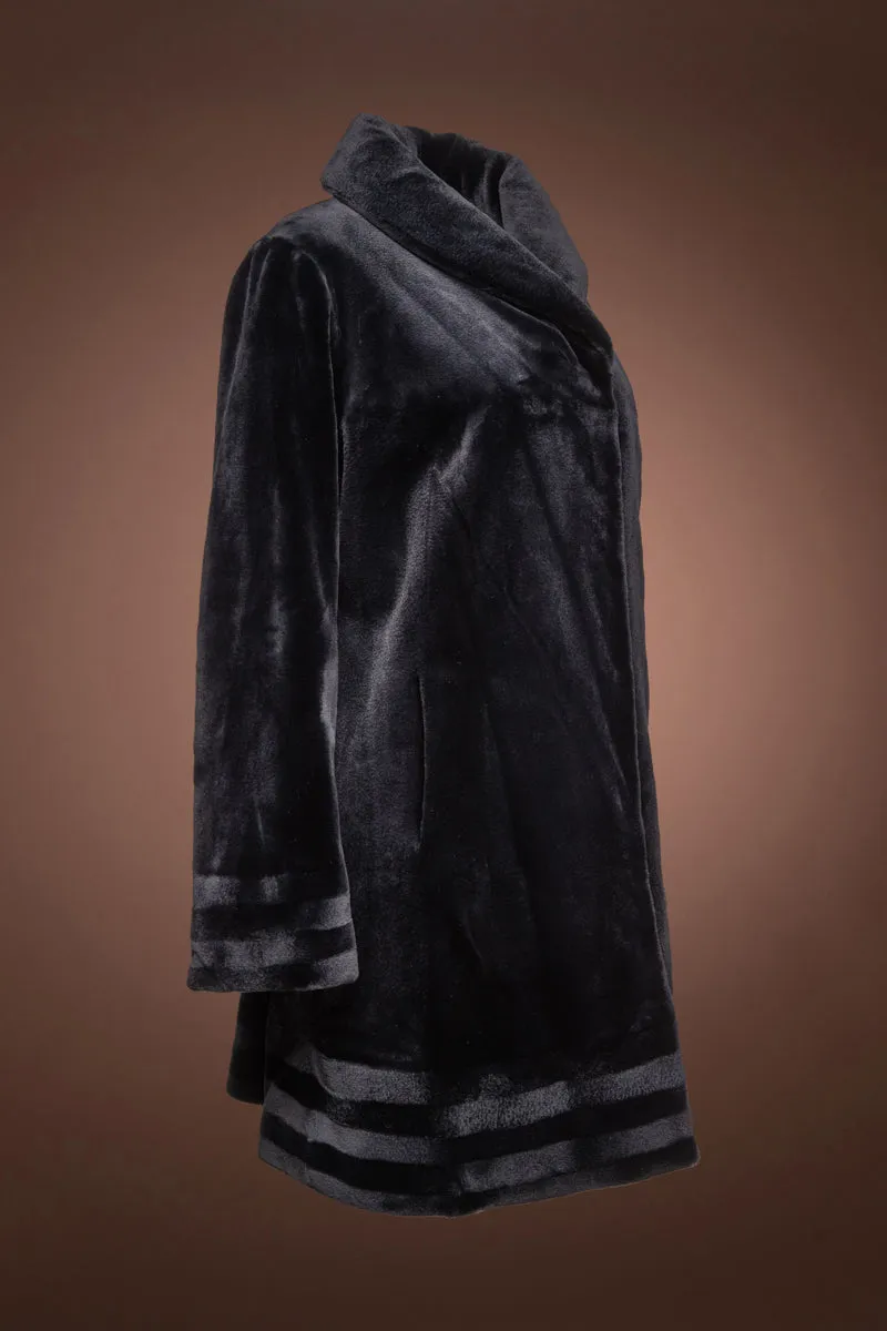 Reversible Border Pattern Navy Blue Sheared Mid-Length Mink Fur Coat