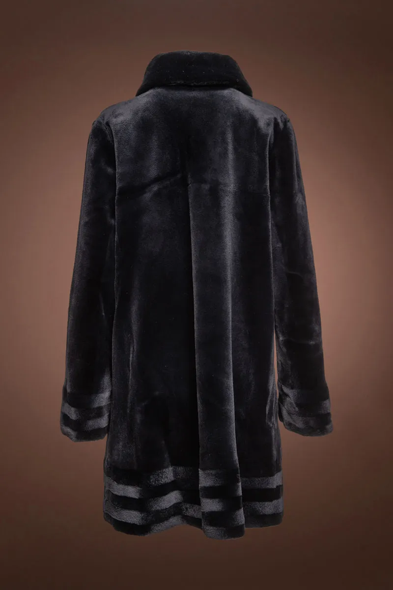 Reversible Border Pattern Navy Blue Sheared Mid-Length Mink Fur Coat