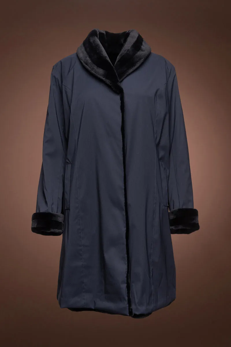 Reversible Border Pattern Navy Blue Sheared Mid-Length Mink Fur Coat