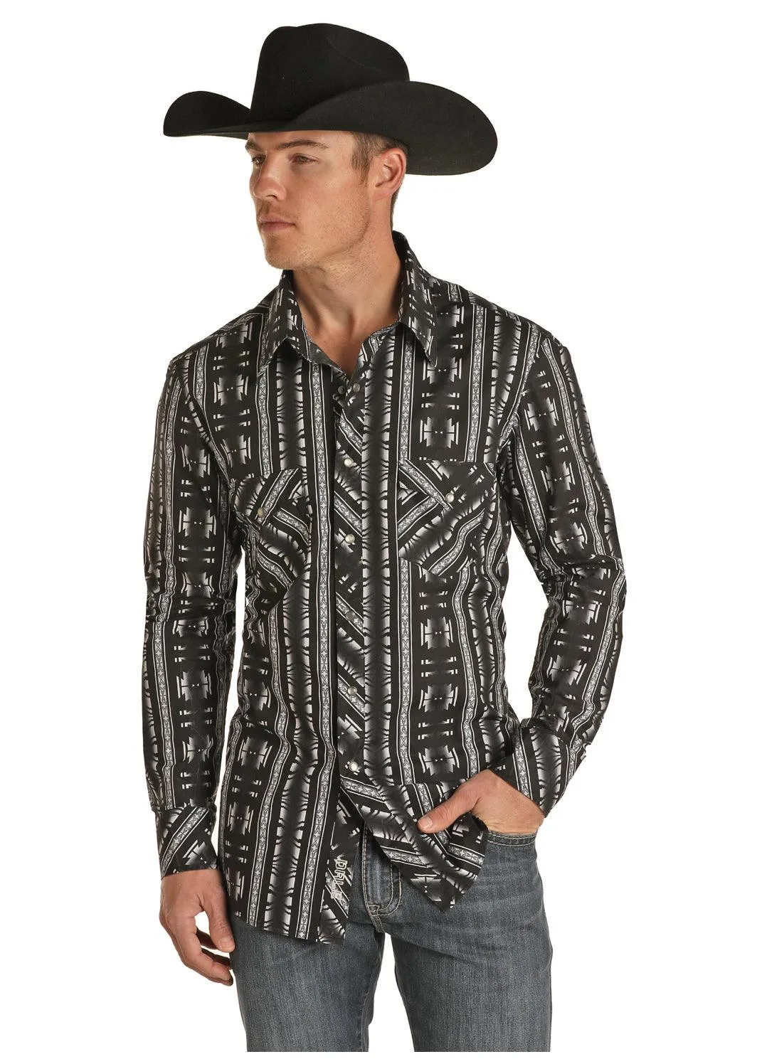 Rock & Roll Cowboy Men's Black & Grey Aztec Snap Up Western Shirt B2S1315