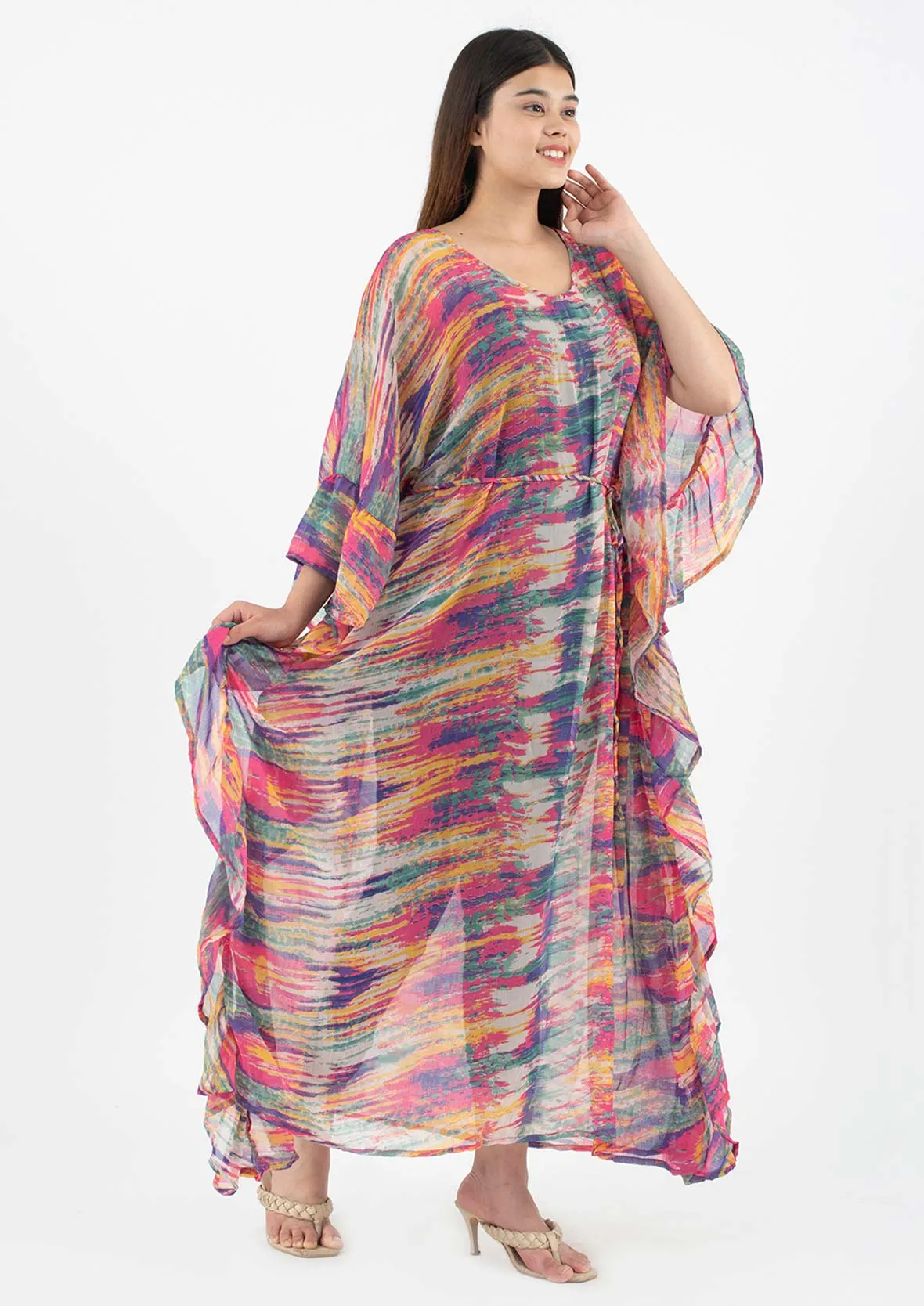 Ruffle Maxi Kaftan With Waist Tie