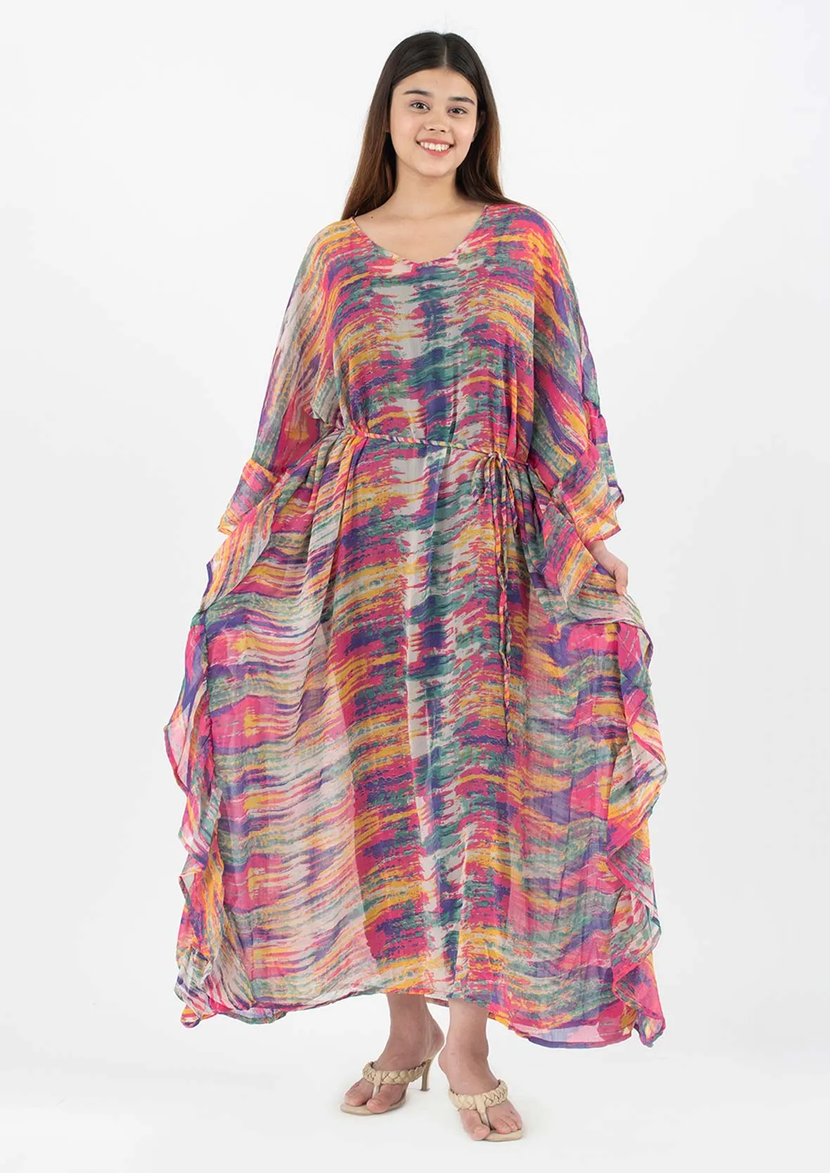 Ruffle Maxi Kaftan With Waist Tie