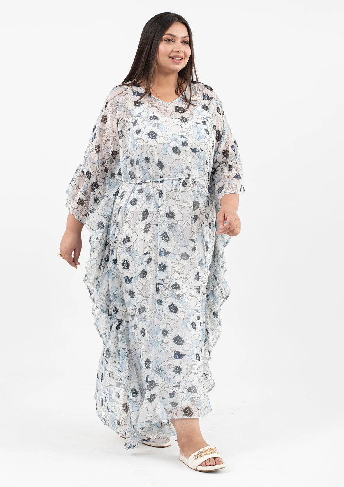 Ruffle Maxi Kaftan With Waist Tie