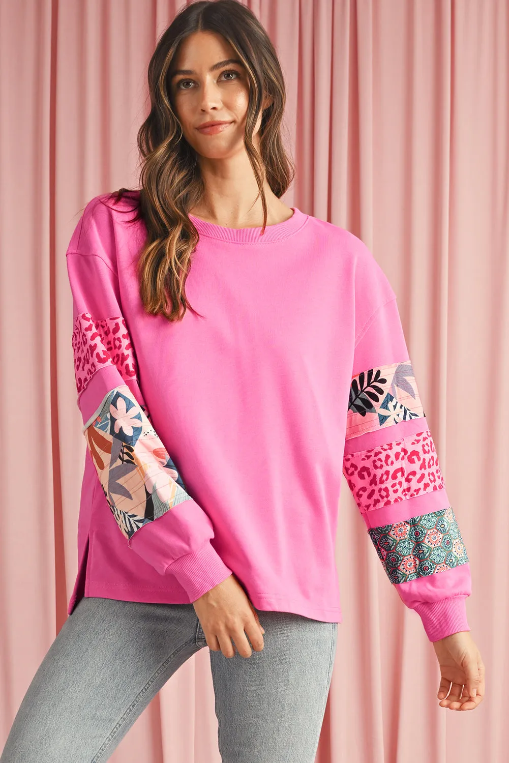 Sachet Pink Leopard Floral Patchwork Drop Shoulder Pullover Top