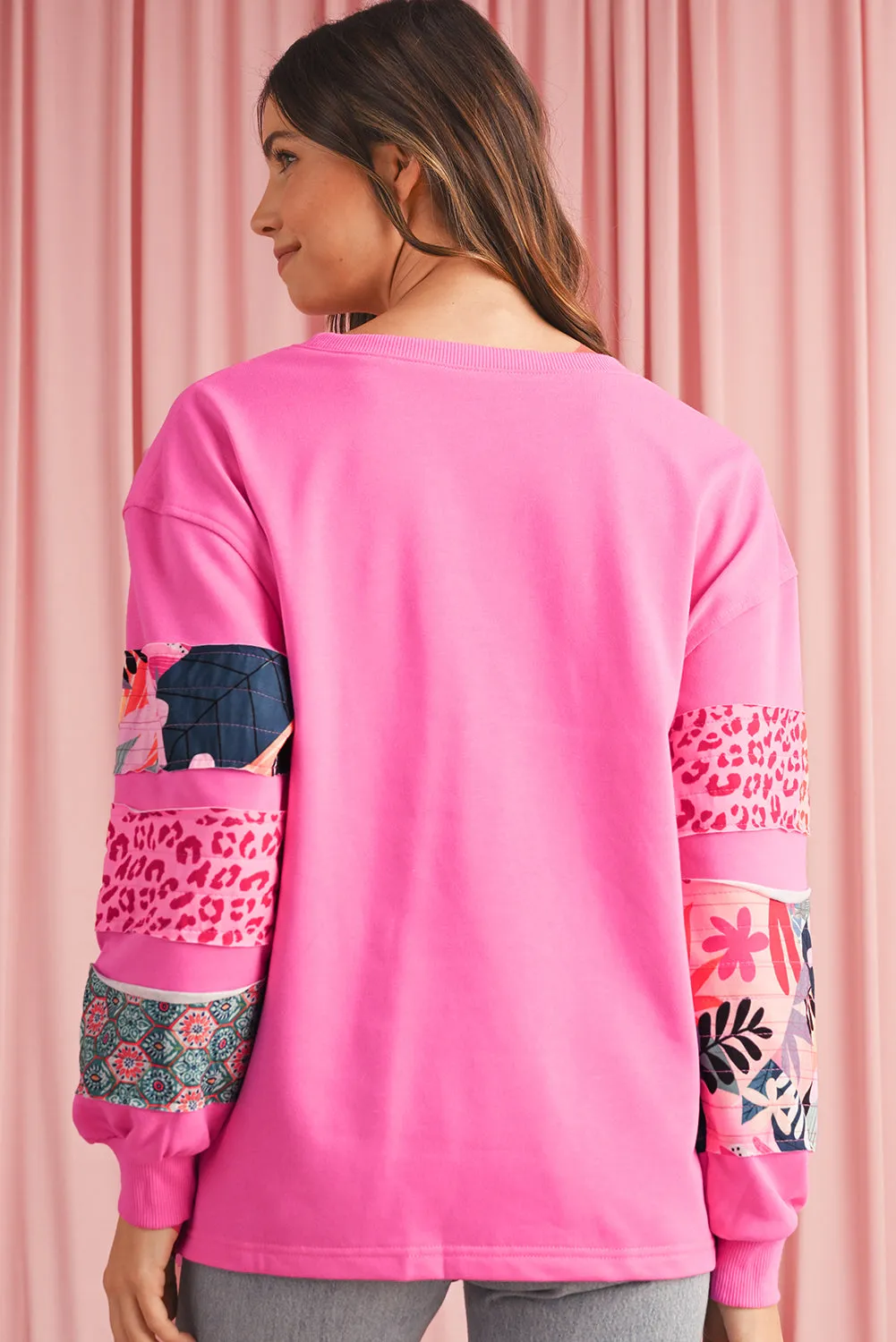 Sachet Pink Leopard Floral Patchwork Drop Shoulder Pullover Top