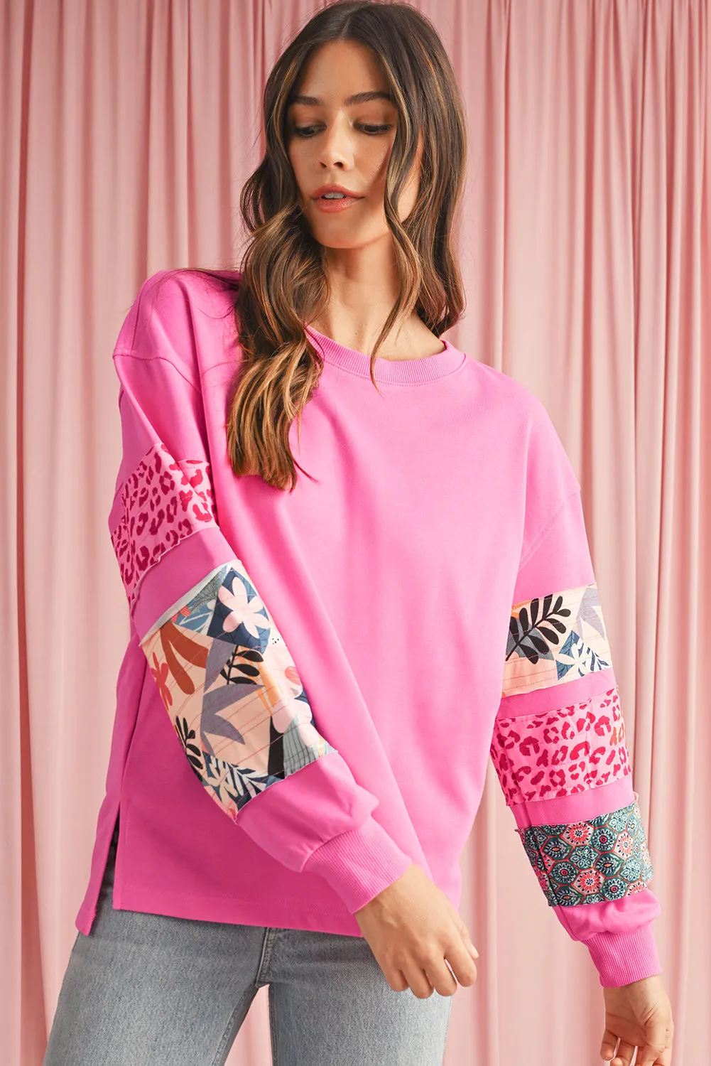 Sachet Pink Leopard Floral Patchwork Drop Shoulder Pullover Top