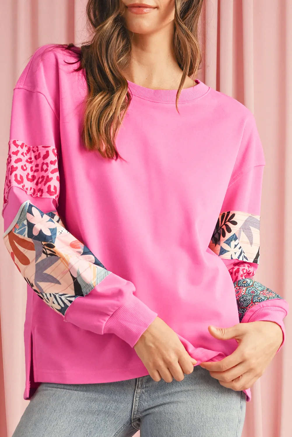 Sachet Pink Leopard Floral Patchwork Drop Shoulder Pullover Top