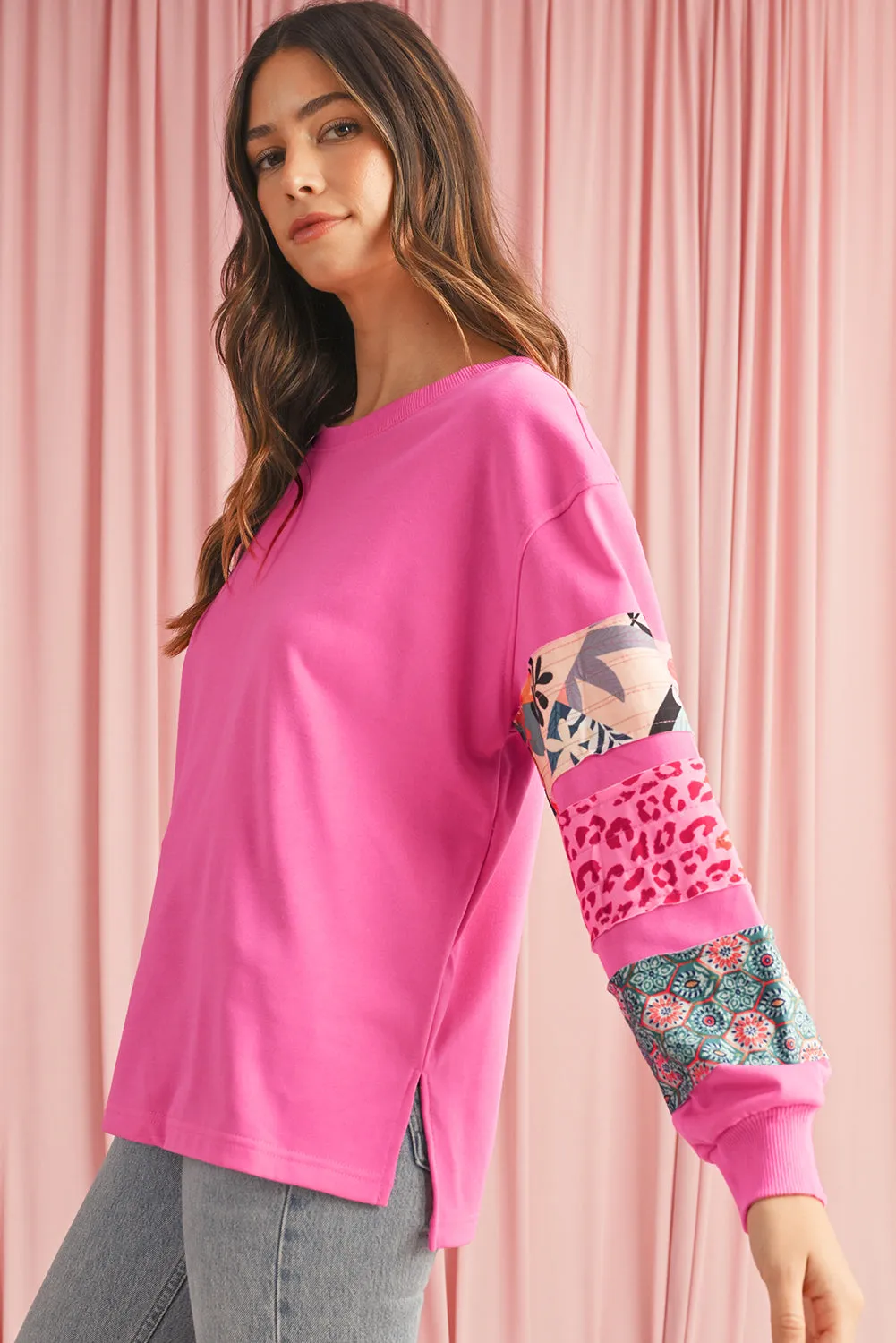 Sachet Pink Leopard Floral Patchwork Drop Shoulder Pullover Top