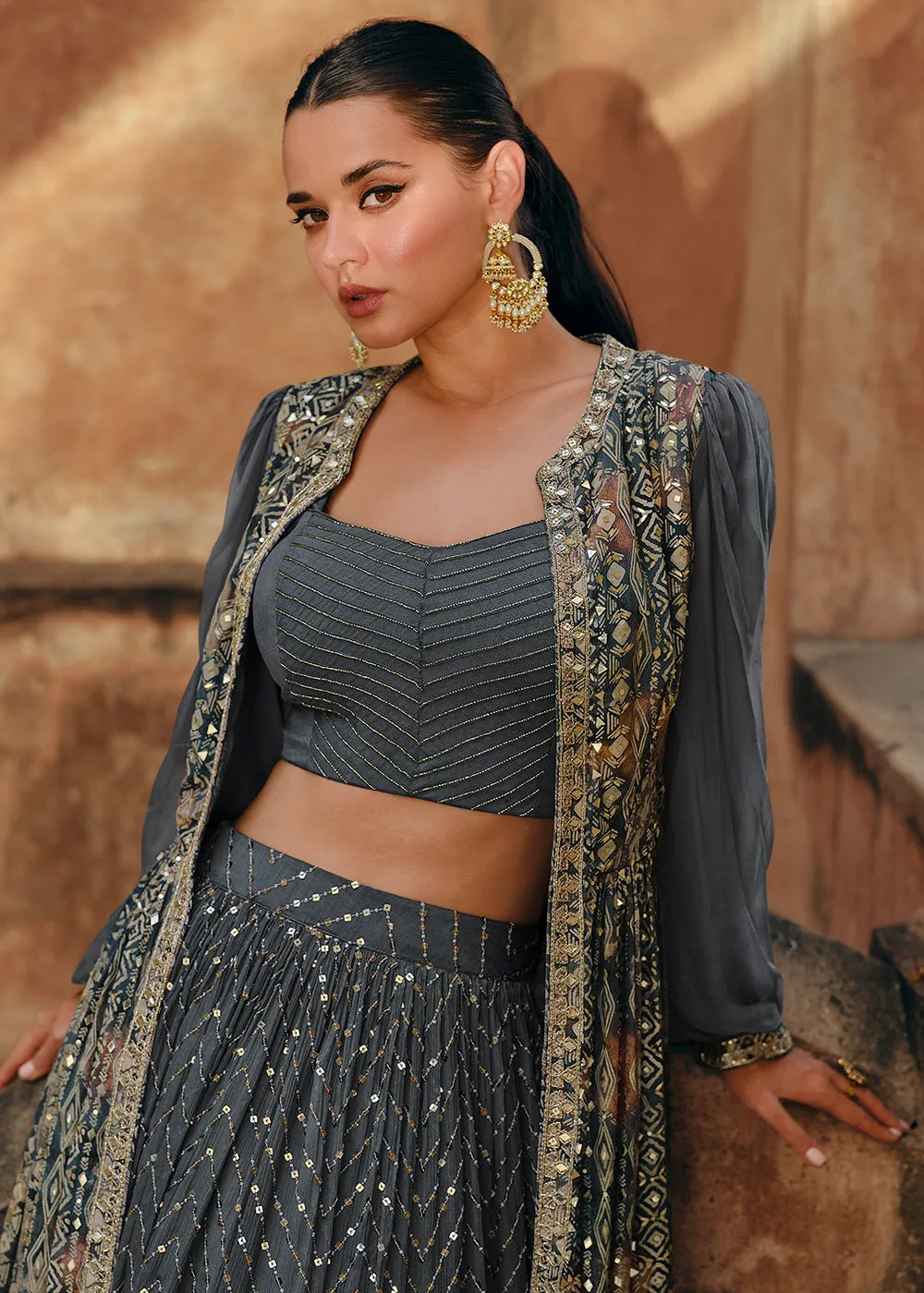 Slate Grey Chinnon Silk Jacket Style Designer Bridesmaid Lehenga