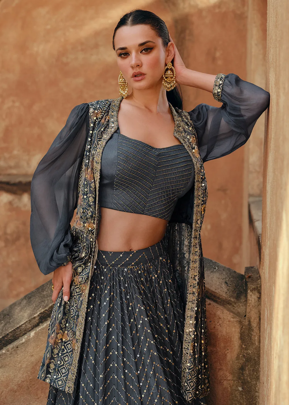 Slate Grey Chinnon Silk Jacket Style Designer Bridesmaid Lehenga