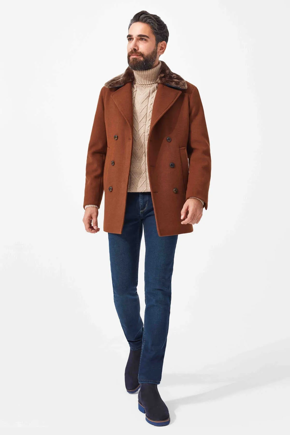 Slim Fit Faux Fur Notch Lapel Cinnamon Wool Blend Coat