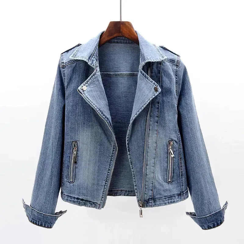 Slim Fit Stretch Suit Collar Denim Coat For Women Blue  Denim Jacket for women