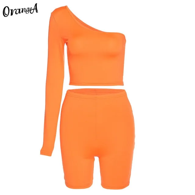 Solid Asymmetrical Two Piece One Shoulder Tracksuit Crop Tops Elastic Bike Shorts Sporty Matching Suits Casual Outfit Set