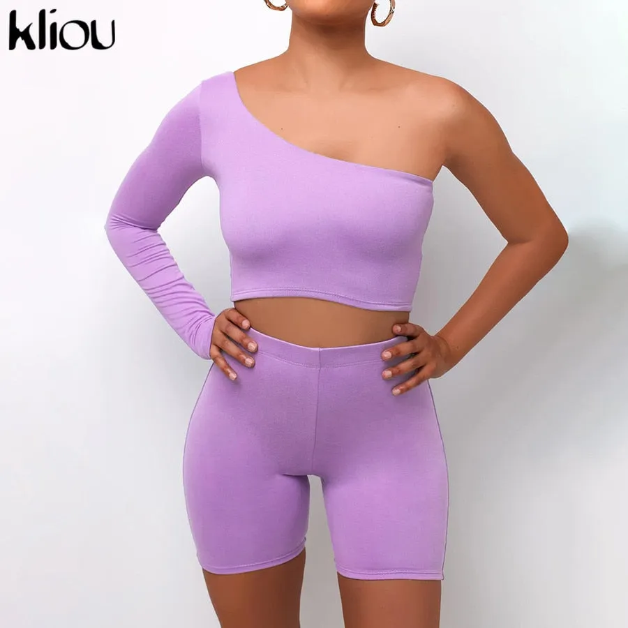 Solid Asymmetrical Two Piece One Shoulder Tracksuit Crop Tops Elastic Bike Shorts Sporty Matching Suits Casual Outfit Set