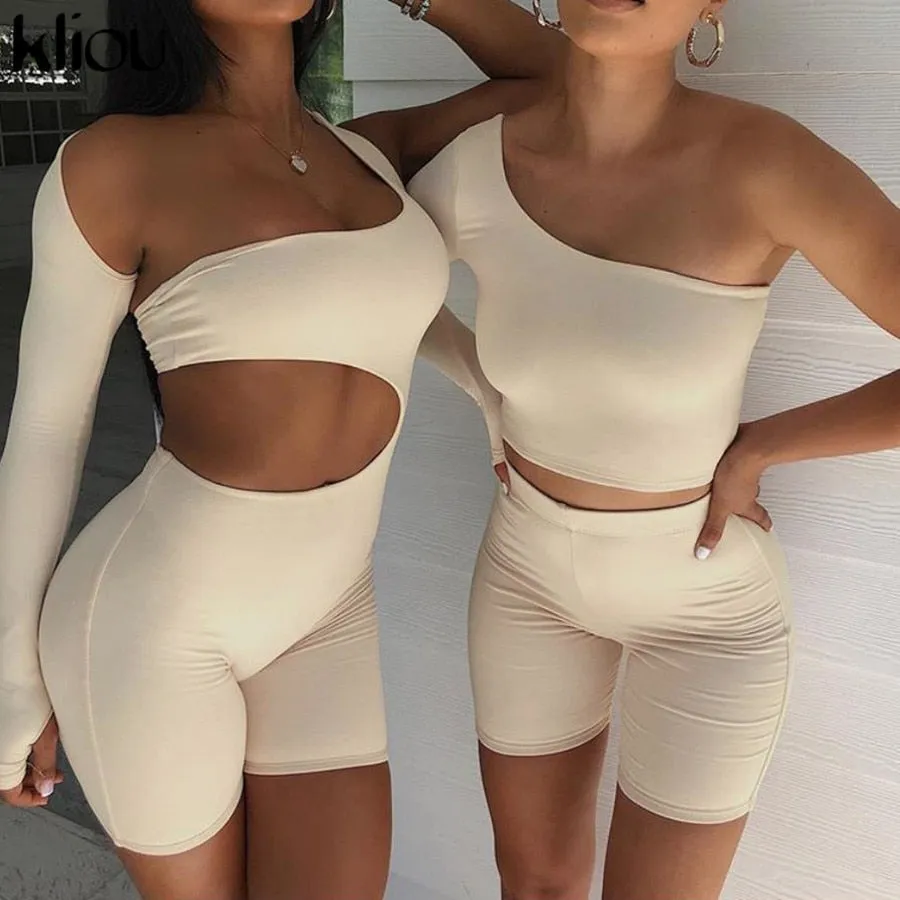 Solid Asymmetrical Two Piece One Shoulder Tracksuit Crop Tops Elastic Bike Shorts Sporty Matching Suits Casual Outfit Set