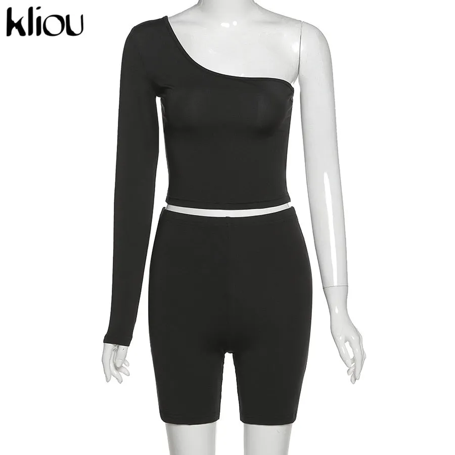 Solid Asymmetrical Two Piece One Shoulder Tracksuit Crop Tops Elastic Bike Shorts Sporty Matching Suits Casual Outfit Set