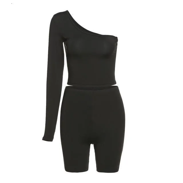 Solid Asymmetrical Two Piece One Shoulder Tracksuit Crop Tops Elastic Bike Shorts Sporty Matching Suits Casual Outfit Set