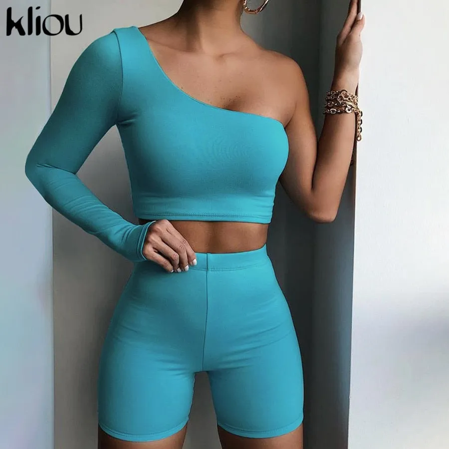 Solid Asymmetrical Two Piece One Shoulder Tracksuit Crop Tops Elastic Bike Shorts Sporty Matching Suits Casual Outfit Set