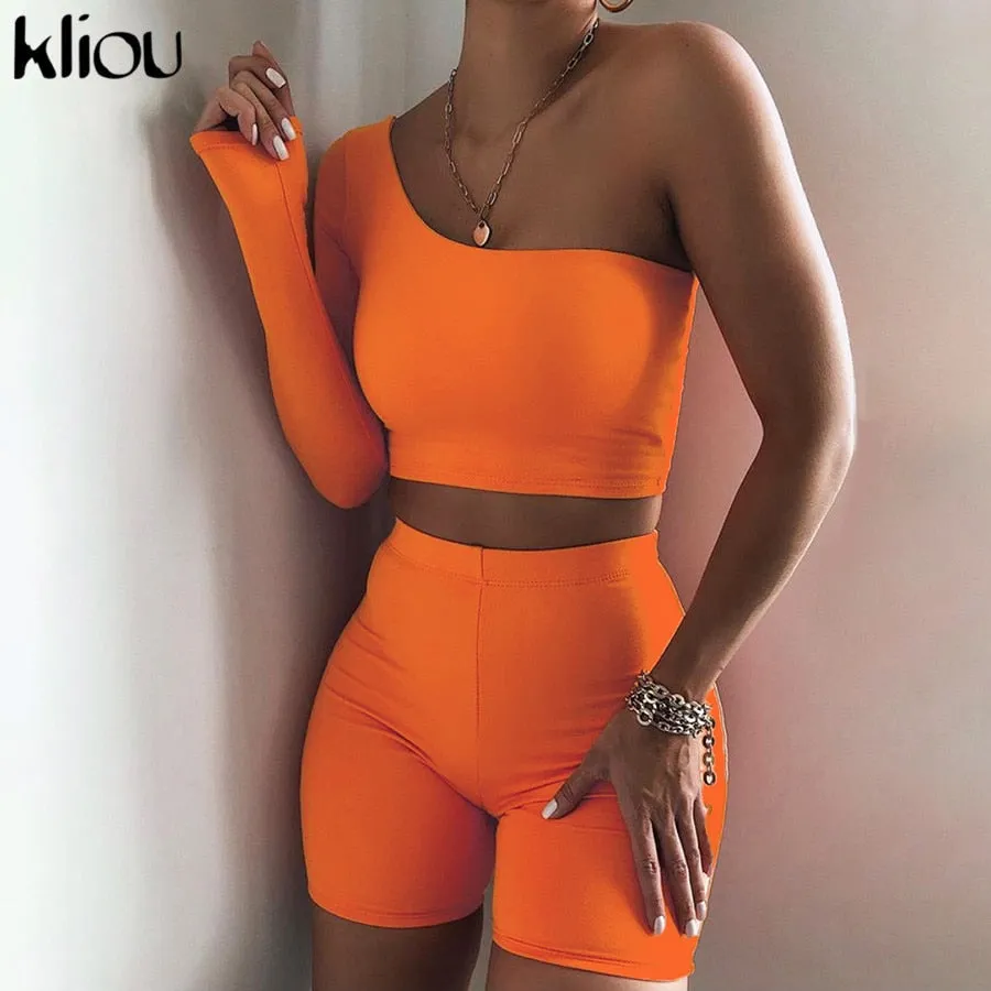 Solid Asymmetrical Two Piece One Shoulder Tracksuit Crop Tops Elastic Bike Shorts Sporty Matching Suits Casual Outfit Set