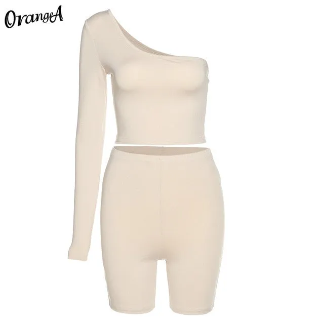 Solid Asymmetrical Two Piece One Shoulder Tracksuit Crop Tops Elastic Bike Shorts Sporty Matching Suits Casual Outfit Set