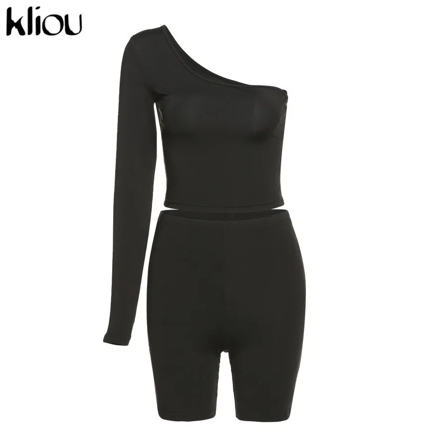 Solid Asymmetrical Two Piece One Shoulder Tracksuit Crop Tops Elastic Bike Shorts Sporty Matching Suits Casual Outfit Set