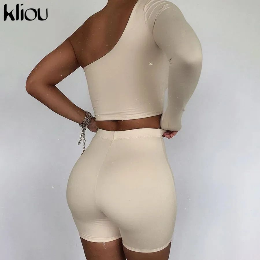 Solid Asymmetrical Two Piece One Shoulder Tracksuit Crop Tops Elastic Bike Shorts Sporty Matching Suits Casual Outfit Set