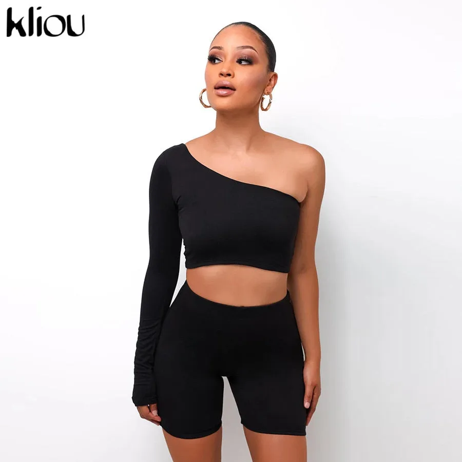 Solid Asymmetrical Two Piece One Shoulder Tracksuit Crop Tops Elastic Bike Shorts Sporty Matching Suits Casual Outfit Set