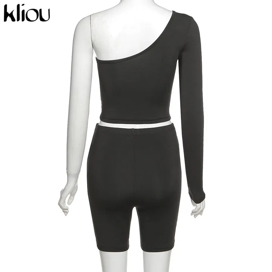 Solid Asymmetrical Two Piece One Shoulder Tracksuit Crop Tops Elastic Bike Shorts Sporty Matching Suits Casual Outfit Set