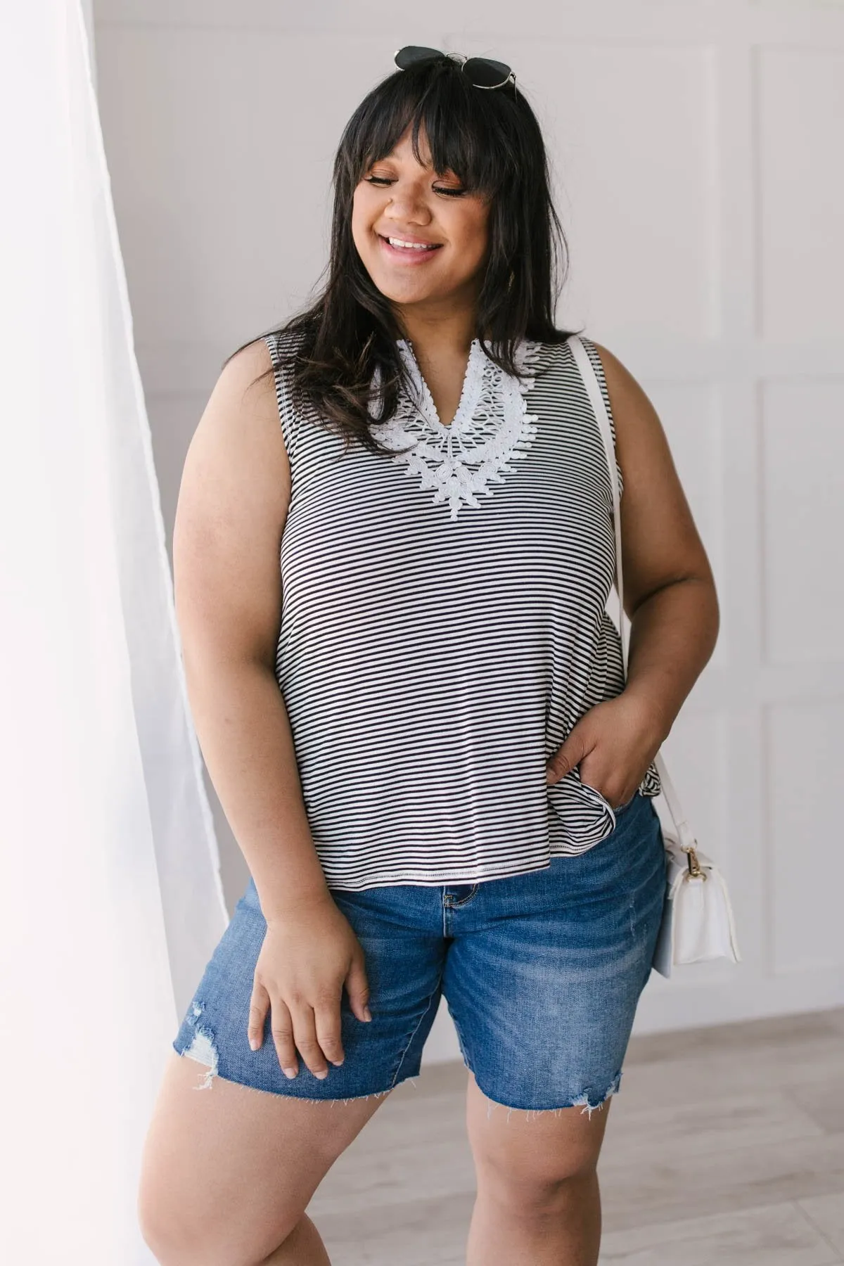 Stripes N Lace Top In Black