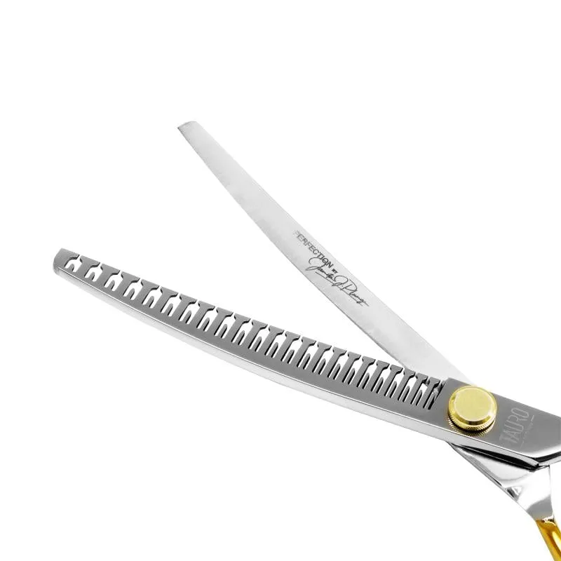 Tauro Pro Line cutting scissors "Perfection by Janita J. Plunge", 440c stainless steel, golden handles, 23 teeth, curved, chunker