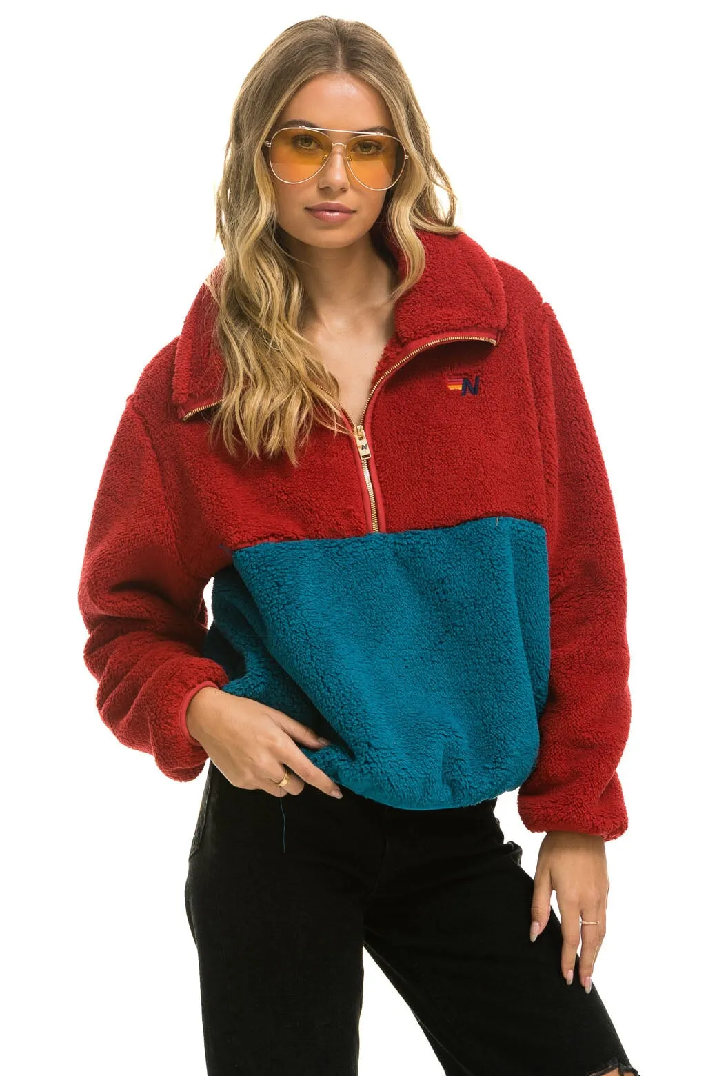 TEDDY APRES HALF ZIP COLOR BLOCK JACKET - CHERRY