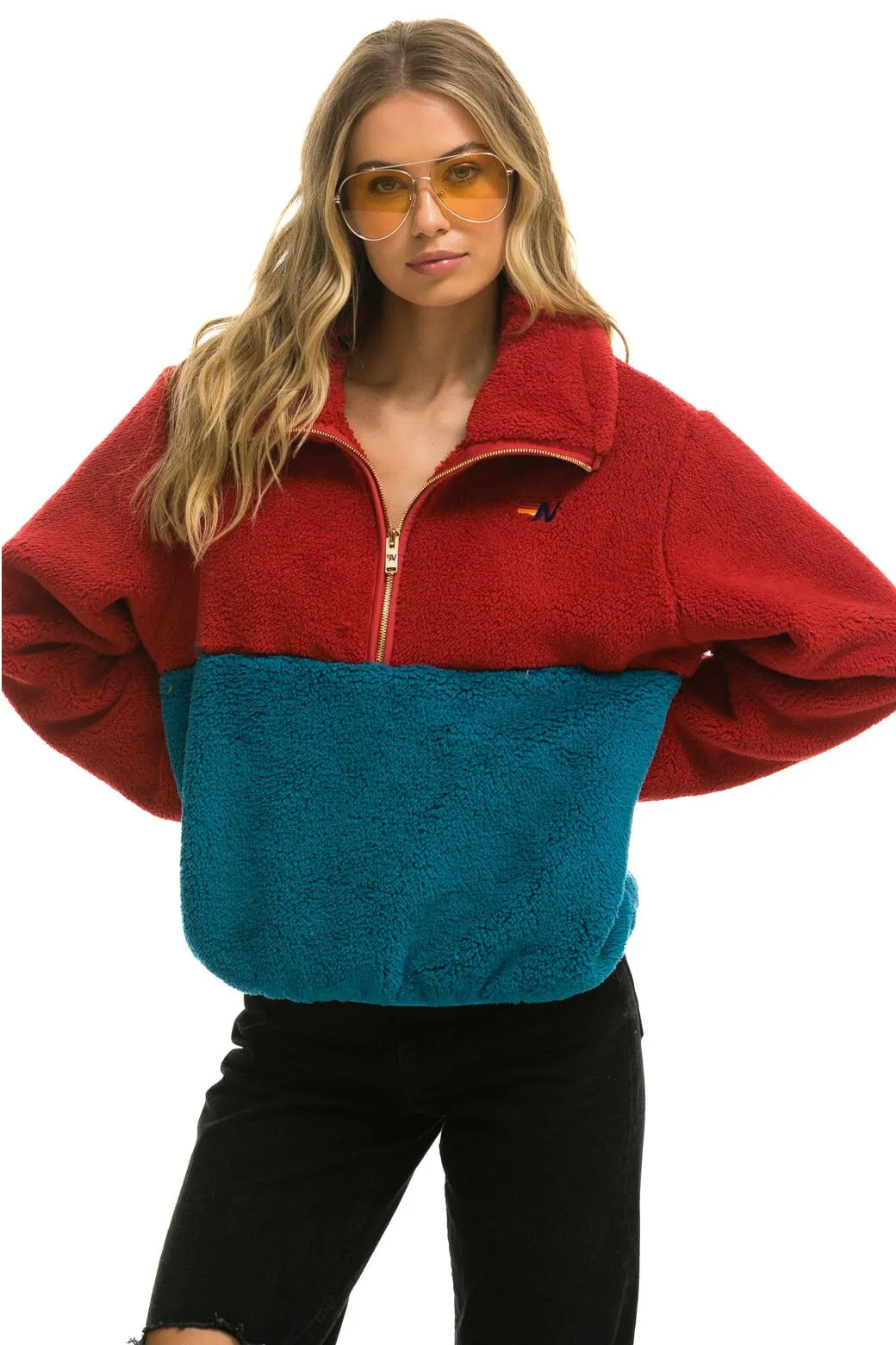 TEDDY APRES HALF ZIP COLOR BLOCK JACKET - CHERRY